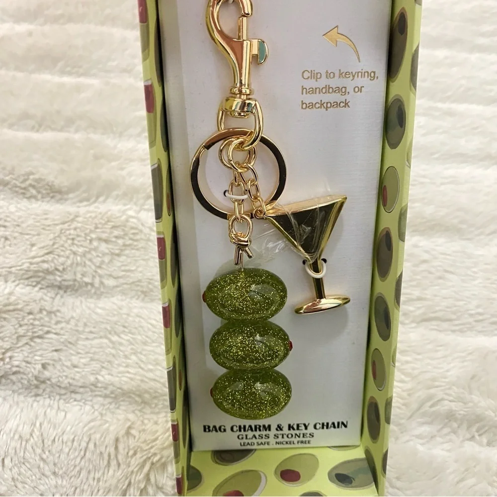 Gold and Green Martini and Glass Stones Olives Keychain Purse Charm